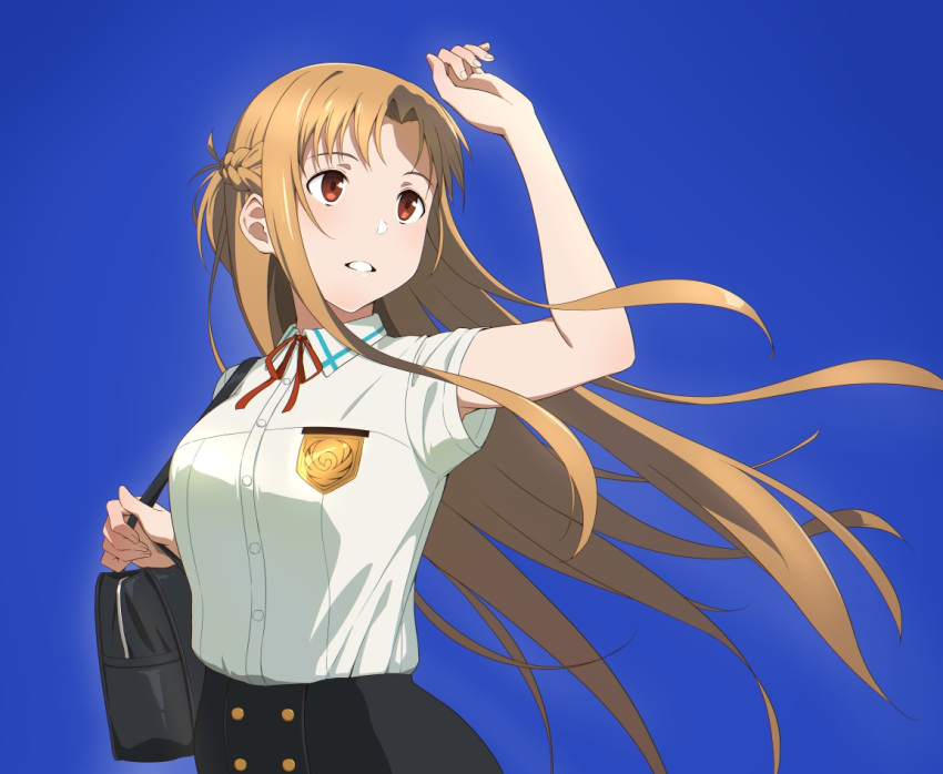 1girl arm_up asuna_(sao) bag black_skirt blue_background braid breasts brown_eyes brown_hair buttons collared_shirt commentary_request emblem french_braid long_hair looking_ahead medium_breasts neck_ribbon puge red_ribbon ribbon school_bag school_emblem school_uniform shirt shirt_tucked_in short_ponytail short_sleeves skirt smile solo sword_art_online very_long_hair white_shirt