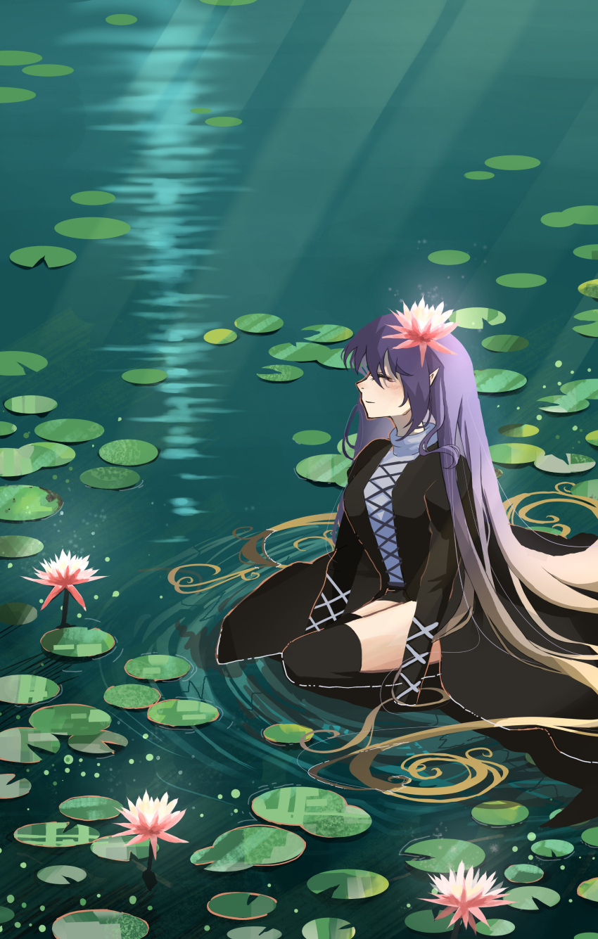 1girl absurdres black_thighhighs closed_eyes closed_mouth commentary cross-laced_clothes flower flower_on_head full_body gradient_hair highres hijiri_byakuren light_rays lily_pad long_hair multicolored_hair ourie outdoors purple_hair solo thigh-highs touhou very_long_hair water_lily_flower