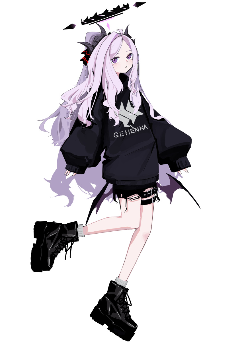 1girl absurdres amagasa_mike black_footwear black_horns black_shirt black_shorts blue_archive blush boots demon_horns demon_wings full_body halo highres hina_(blue_archive) horns long_hair multiple_horns open_mouth purple_wings shirt shorts simple_background sleeves_past_wrists socks solo violet_eyes white_background white_hair white_socks wings