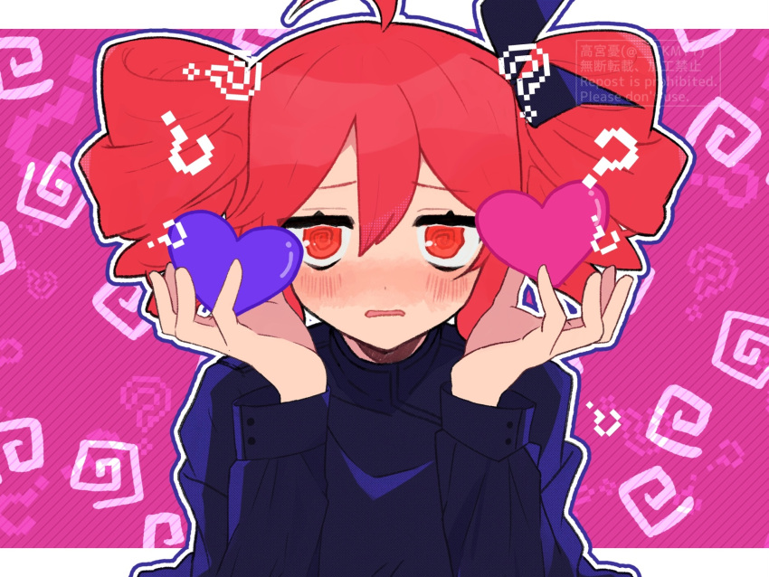 1girl ? @_@ ahoge aimai_funk_(synthesizer_v) black_ribbon black_shirt blush buttons drill_hair hair_ribbon hand_up heart highres holding holding_heart kasane_teto kasane_teto_(sv) long_sleeves looking_at_viewer open_mouth pink_background red_eyes redhead ribbon shirt solo synthesizer_v takamiya_yuu twin_drills twintails utau