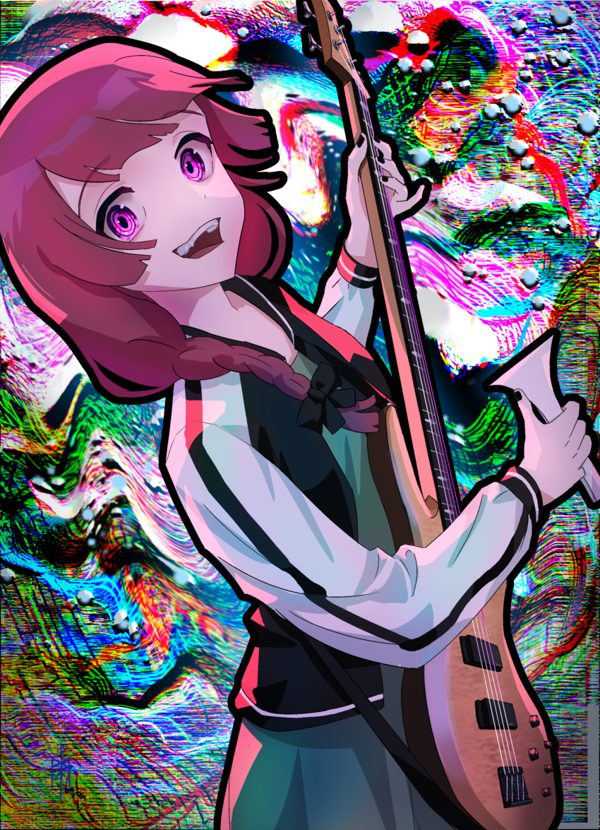 1girl abstract_background bachi black_nails bocchi_the_rock! braid cowboy_shot dress dutch_angle floating_hair green_dress hair_over_shoulder highres hiroi_kikuri holding holding_plectrum jacket long_sleeves looking_at_viewer open_clothes open_jacket plectrum psychedelic purple_hair ringed_eyes single_braid solo teeth track_jacket upper_teeth_only violet_eyes wuschelminityp