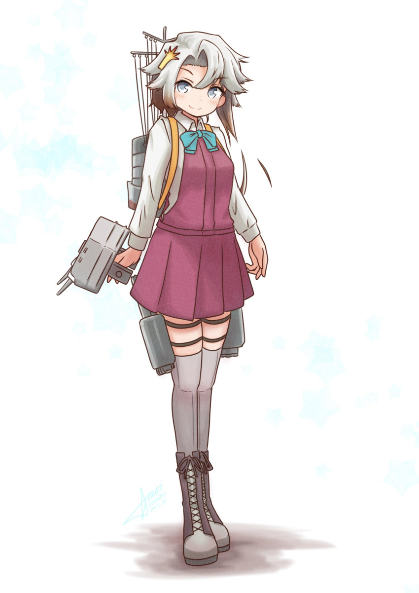 1girl aaoi adapted_turret akishimo_(kancolle) aqua_bow aqua_bowtie asymmetrical_bangs asymmetrical_hair boots bow bowtie brown_hair cannon collared_shirt cross-laced_footwear dress dress_shirt full_body gradient_hair grey_eyes grey_hair grey_thighhighs hair_ornament highres kantai_collection lace-up_boots leaf_hair_ornament long_sleeves machinery multicolored_hair pleated_dress purple_dress shirt short_hair short_hair_with_long_locks simple_background smokestack solo thigh-highs turret white_background white_shirt