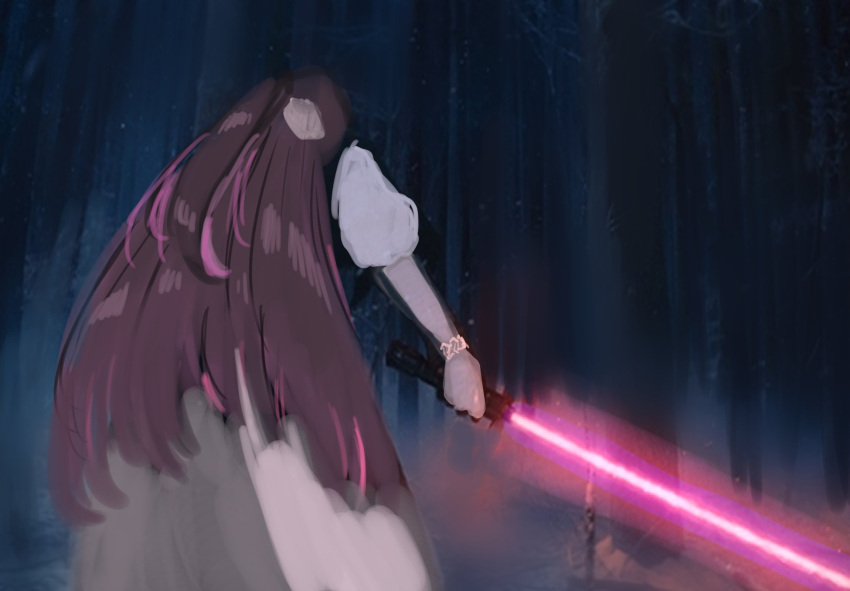 1girl azki_(4th_costume)_(hololive) azki_(hololive) back black_hair bracelet dress energy_sword from_behind highres holding_lightsaber hololive jewelry lightsaber long_hair multicolored_hair official_alternate_costume parody pink_hair red_lightsaber solo star_wars sword tree virtual_youtuber weapon xue_lian_wa_noel