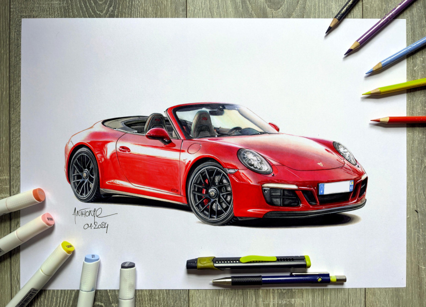 absurdres anthony-c art_tools_in_frame car character_name colored_pencil colored_pencil_(medium) convertible english_commentary highres marker marker_(medium) mechanical_pencil motor_vehicle no_humans original pencil photo_(object) porsche porsche_911 porsche_991 red_car traditional_media vehicle_focus