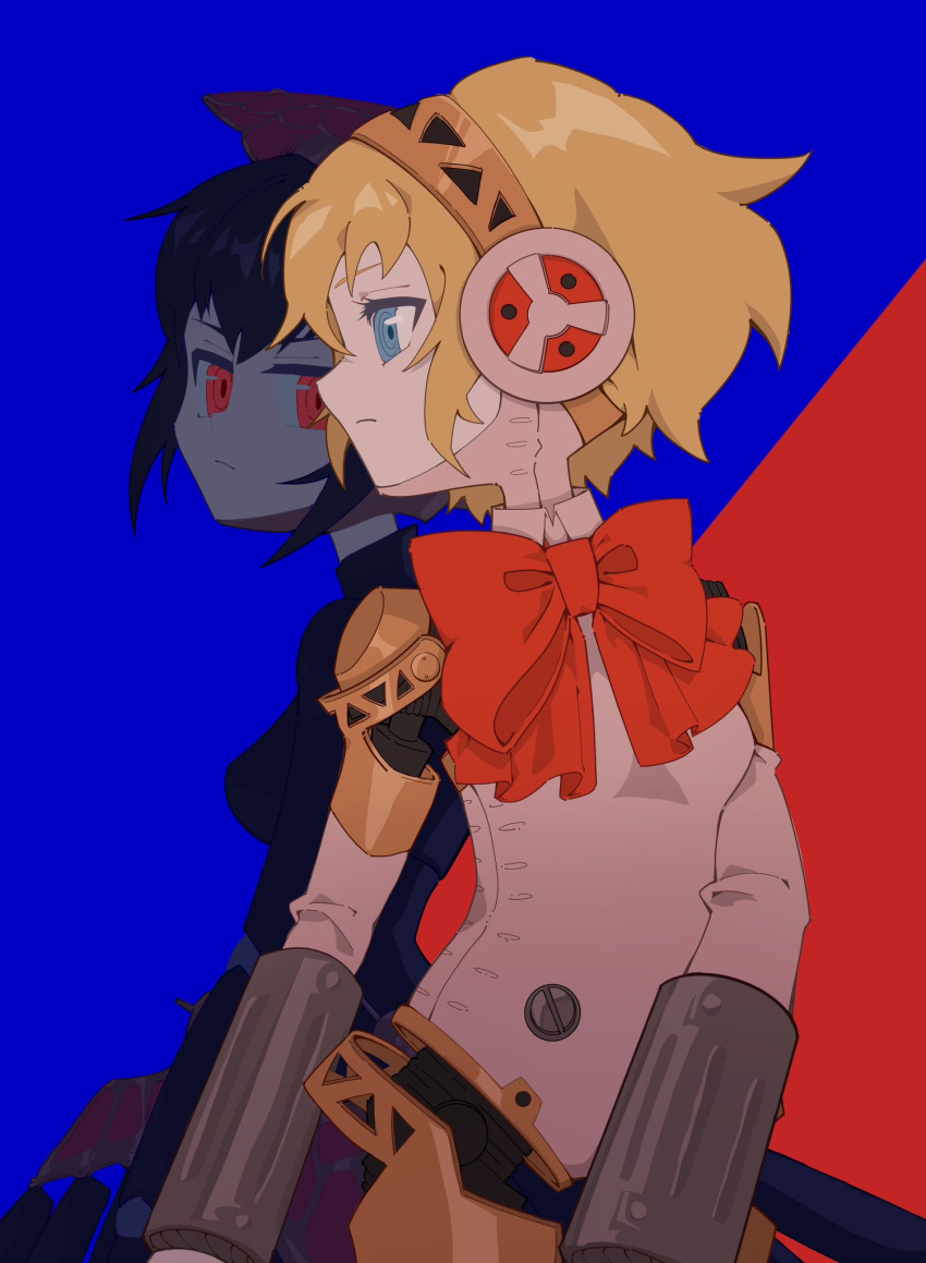 2girls aegis_(persona) android black_hair blonde_hair blue_background blue_eyes bow bowtie closed_mouth commentary cowboy_shot expressionless from_side frown highres joints looking_at_another metis_(persona) multiple_girls persona persona_3 red_background red_bow red_eyes ringed_eyes robot_joints short_hair siblings simple_background sisters sumi_(sumi3mimi) two-tone_background