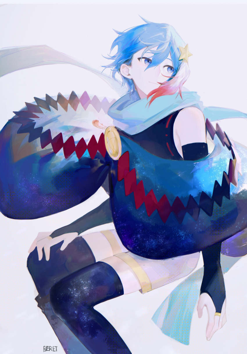 1boy absurdres androgynous beileimao blue_eyes blue_hair blue_scarf blue_thighhighs elbow_gloves gloves hair_ornament highres invisible_chair jewelry kaito_(vocaloid) looking_back male_focus pale_skin poncho ring scarf shirt short_hair shorts signature sitting sleeveless sleeveless_shirt solo star_(symbol) star_hair_ornament star_print thigh-highs vocaloid white_background white_shorts