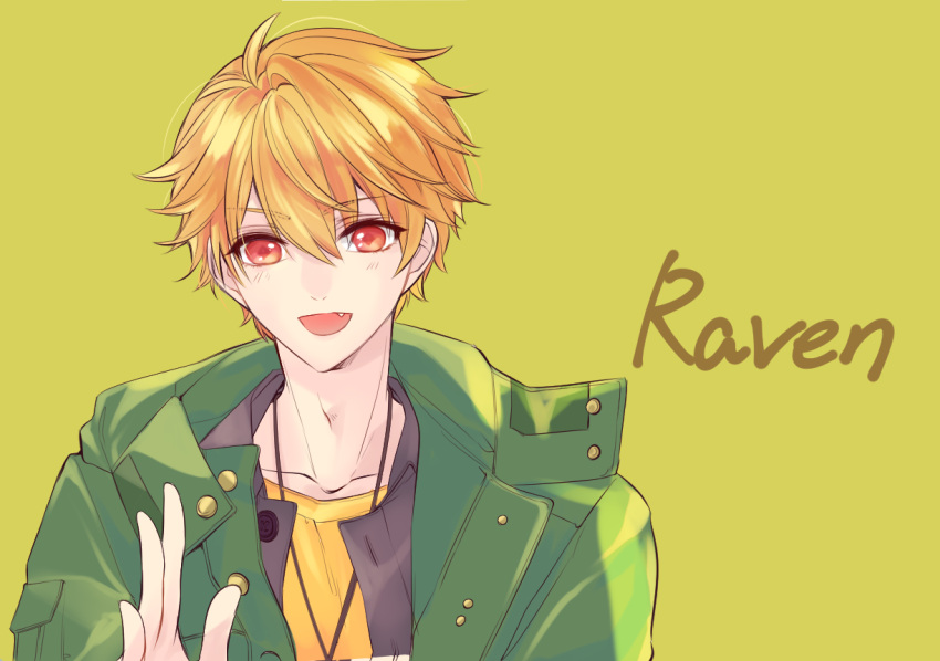 1boy :d brown_eyes brown_hair coto_notte green_background green_jacket green_shirt jacket jewelry long_sleeves looking_at_viewer luke_pearce_(tears_of_themis) male_focus necklace open_mouth shirt short_hair smile solo tears_of_themis upper_body yellow_shirt