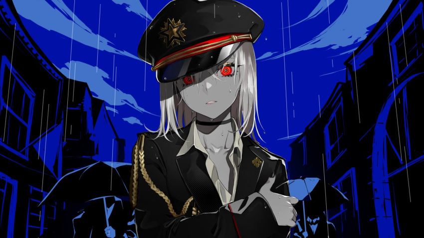 1girl 2others black_choker black_hat black_jacket black_nails blue_sky building choker clouds collarbone collared_shirt colored_skin commentary_request copyright_request dress_shirt grey_hair grey_shirt grey_skin hair_between_eyes hat holding holding_umbrella jacket lam_(ramdayo) long_hair looking_at_viewer military_hat multiple_others nail_polish outdoors parted_lips peaked_cap rain red_eyes shirt sky solo umbrella wet