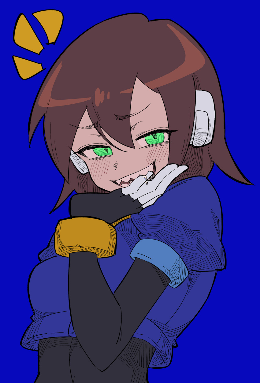 1girl absurdres aile_(mega_man_zx) black_bodysuit blue_background blush bodysuit bodysuit_under_clothes brown_hair buzzlyears cropped_jacket green_eyes hand_on_own_chin highres looking_at_viewer mega_man_(series) mega_man_zx robot_ears sharp_teeth short_hair simple_background smile solo teeth