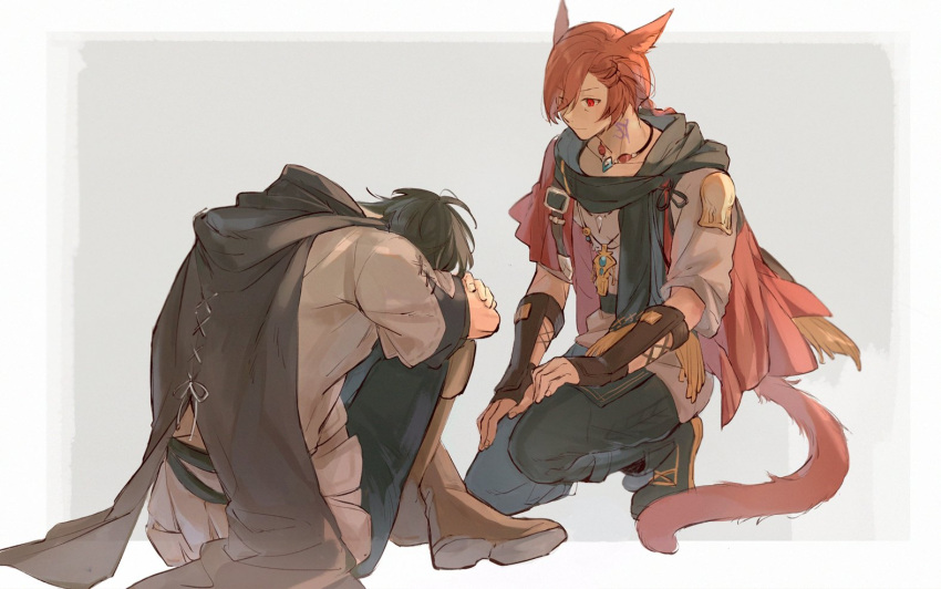 2boys adventurer_(ff14) animal_ears black_pants black_scarf boots border bracer braid brown_cape brown_footwear brown_hair brown_shirt cape cat_boy cat_ears cat_tail covered_face crossed_ankles expressionless facial_mark fetal_position final_fantasy final_fantasy_xiv from_side full_body g'raha_tia grey_background hair_over_one_eye hands_on_own_knees hyur jacket jewelry knees_up looking_at_another male_focus mid.m miqo'te multiple_boys neck_tattoo on_one_knee outside_border pants pendant red_eyes red_jacket redhead scarf shirt short_hair shoulder_belt simple_background single_braid sitting swept_bangs tail tattoo warrior_of_light_(ff14) white_border