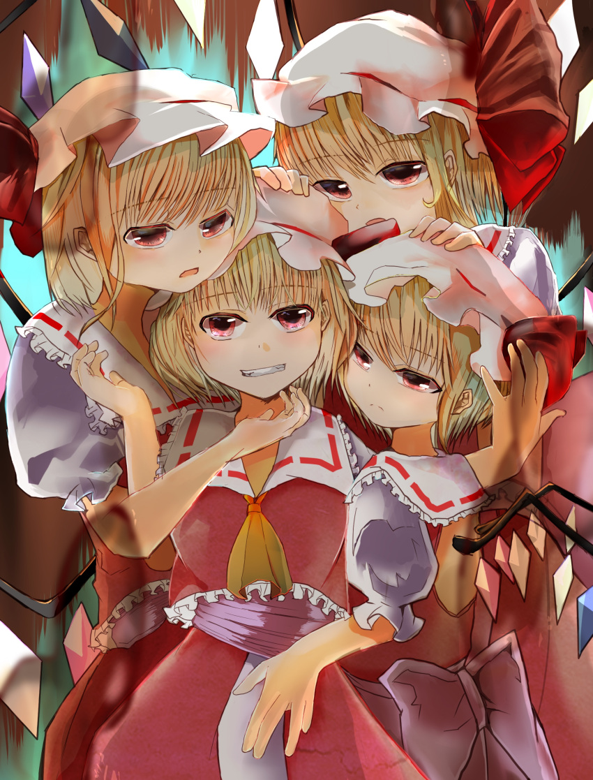 4girls absurdres ascot back_bow blonde_hair bow breasts closed_mouth collared_shirt flandre_scarlet four_of_a_kind_(touhou) frilled_shirt_collar frilled_vest frills hat hat_ribbon highres large_bow looking_at_another looking_at_viewer medium_hair mob_cap multicolored_wings multiple_girls nyan_shitai open_mouth puffy_short_sleeves puffy_sleeves red_eyes red_ribbon red_skirt red_vest ribbon ribbon-trimmed_headwear ribbon_trim shirt short_sleeves skirt small_breasts sunken_fossil_world teeth touhou vest white_bow white_hat white_shirt wings yellow_ascot