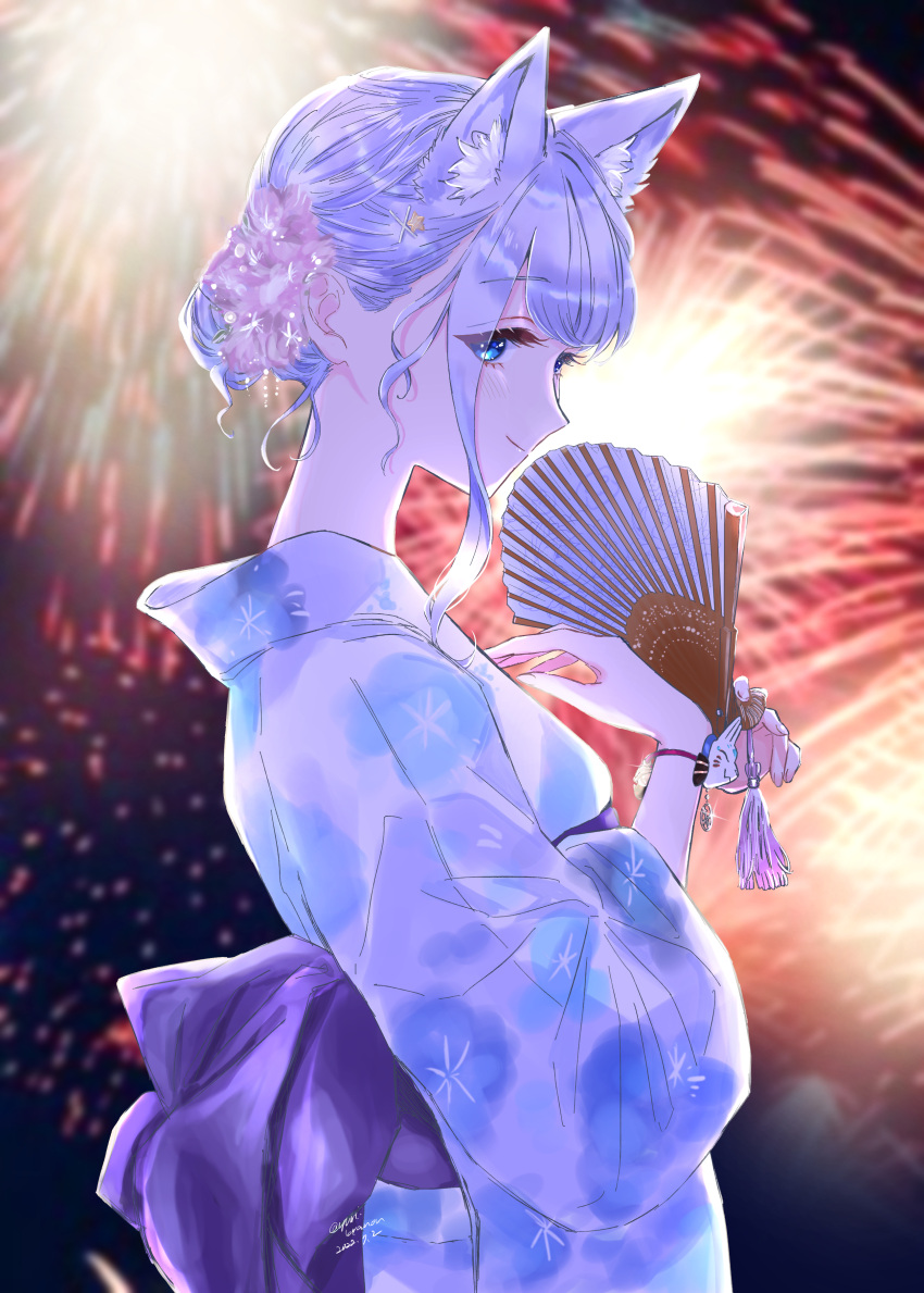 1girl absurdres animal_ear_fluff animal_ears back_bow blue_kimono blush bow bracelet cat_ears closed_mouth commentary_request fireworks flower hair_between_eyes hair_flower hair_ornament hair_up hand_fan hand_up highres holding holding_fan japanese_clothes jewelry kimono long_sleeves looking_at_viewer night noripro obi outdoors pink_flower purple_hair sash shirayuki_mishiro sidelocks smile solo star_(symbol) star_hair_ornament tassel upper_body virtual_youtuber x_hair_ornament yuri_kyanon