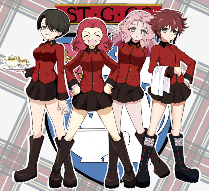 4girls :d :o absurdres aqua_eyes arms_behind_back black_footwear black_skirt boots brown_hair closed_eyes commentary cranberry_(girls_und_panzer) cup earrings emblem facing_viewer fang full_body girls_und_panzer green_eyes grin hair_over_one_eye hand_on_own_hip hands_on_own_hips highres holding holding_towel holding_tray jacket jewelry knee_boots leaning_to_the_side legs_apart long_sleeves looking_at_viewer medium_hair messy_hair military_uniform miniskirt multiple_girls one_eye_closed open_mouth parted_lips peach_(girls_und_panzer) pink_hair pleated_skirt red_jacket redhead rosehip_(girls_und_panzer) saucer shibainutank short_hair side-by-side simple_background skirt smile spiked_footwear st._gloriana's_(emblem) st._gloriana's_military_uniform standing stud_earrings teacup teapot tongue tongue_out towel tray uniform vanilla_(girls_und_panzer) wavy_hair white_background