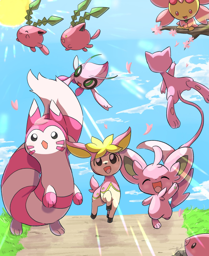 :d ^_^ absurdres alternate_color animal_focus blue_sky celebi cherrim cherry_blossoms closed_eyes closed_mouth clouds colored_skin commentary_request deerling deerling_(spring) fairy_wings falling_petals flying furret grass green_eyes highres hoppip luvdisc mew_(pokemon) minccino no_humans open_mouth outdoors petals pink_fur pink_skin pink_theme pokemon pokemon_(creature) road shiny_pokemon shual3734 sitting sitting_on_branch sky smile sun sunlight tail two-tone_fur white_fur wings yellow_eyes