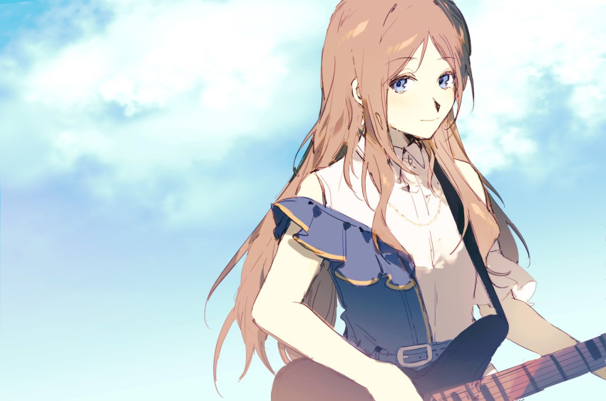 1girl artist_request bang_dream! bang_dream!_it's_mygo!!!!! bass_guitar blue_eyes blue_sky brown_hair chinese_commentary closed_mouth clouds commentary_request commission day earrings guitar holding holding_guitar holding_instrument instrument jewelry long_hair looking_at_viewer nagasaki_soyo off-shoulder_shirt off_shoulder outdoors playing_guitar second-party_source shirt sky smile solo upper_body white_shirt