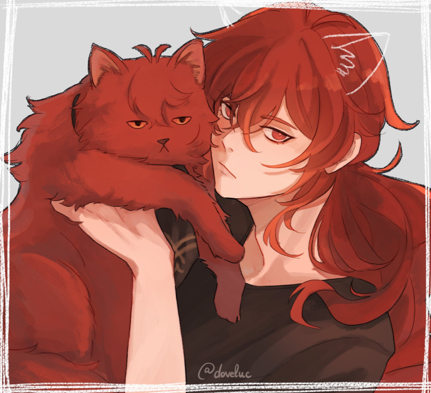 1boy brown_shirt carrying cat closed_mouth diluc_(genshin_impact) doveluc genshin_impact hair_between_eyes highres long_hair looking_at_viewer male_focus ponytail red_eyes red_fur redhead shirt solo