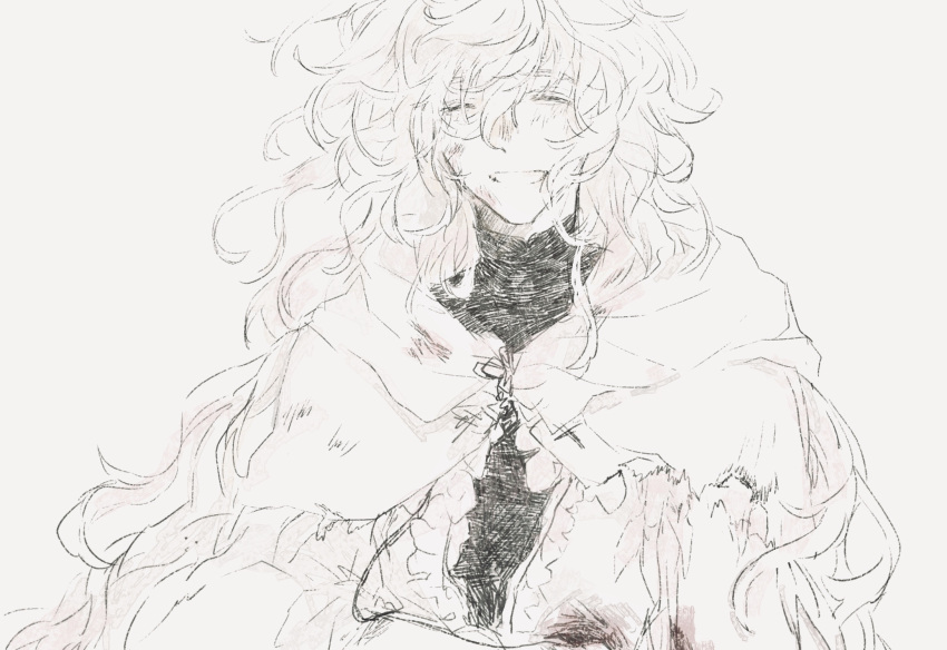 1boy blood closed_eyes facing_viewer fate/grand_order fate_(series) fuwafuwa_no_inu grin highres hood hood_down injury long_hair looking_at_viewer male_focus merlin_(fate) messy_hair monochrome robe scratches simple_background smile solo upper_body