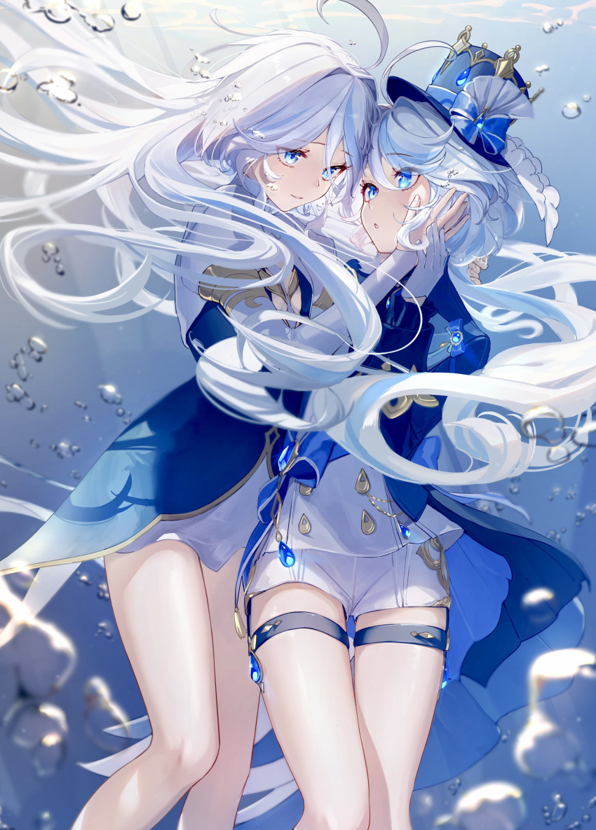 2girls :d :o absurdres ahoge air_bubble aqua_eyes blue_background blue_brooch blue_dress blue_gemstone blue_hair blue_hat blue_skirt bow bubble dress drop-shaped_pupils dual_persona eyes_visible_through_hair flat_chest floating_hair focalors_(genshin_impact) furina_(genshin_impact) gem genshin_impact gloves hand_on_another's_face hand_on_another's_hand hat heterochromia highres imasaki_kei in_water leg_belt light_blue_hair looking_at_another mismatched_pupils multiple_girls no_legwear shiny_skin skirt smile submerged sunlight symbol-shaped_pupils thighs top_hat underwater white_gloves yuri