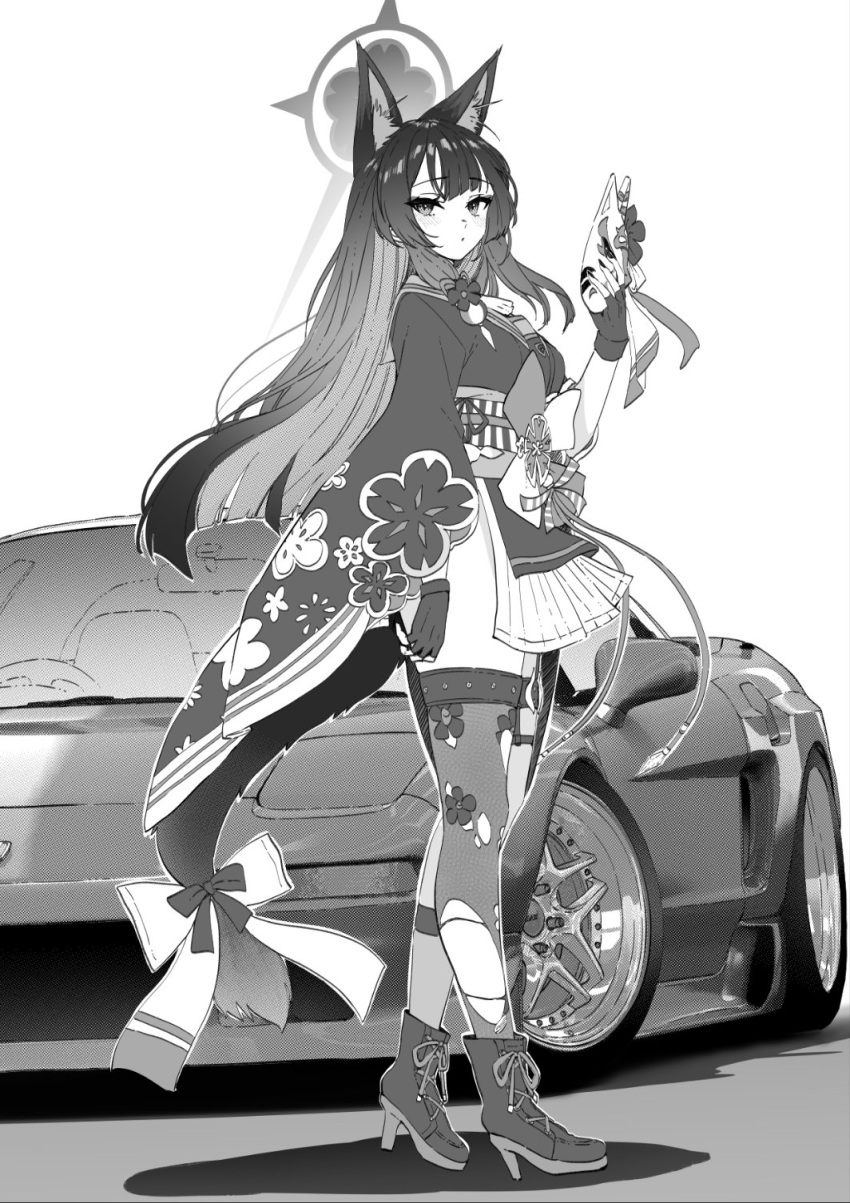1girl animal_ears blue_archive boots car fingerless_gloves fingernails fox_ears full_body gloves greyscale halo high_heel_boots high_heels highres holding holding_mask japanese_clothes jun_project kimono long_hair long_sleeves mask monochrome motor_vehicle simple_background solo thigh-highs wakamo_(blue_archive) white_background wide_sleeves