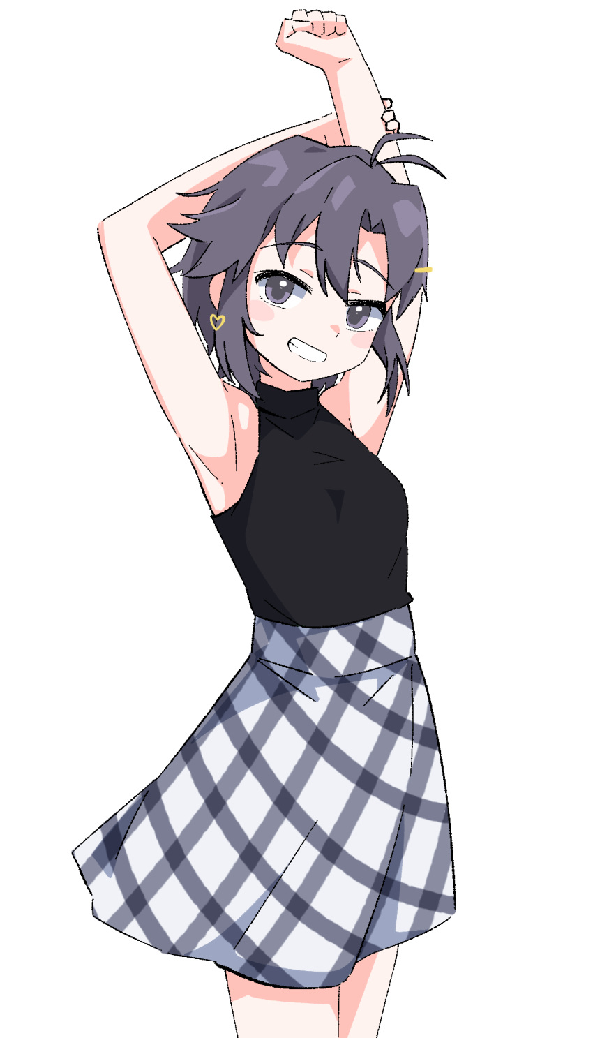 1girl antenna_hair armpits arms_up bare_shoulders black_shirt blush breasts cowboy_shot dot_nose dress flipped_hair furrowed_brow hair_between_eyes hair_ornament hairpin heart-shaped_ornament highres holding_own_arm idolmaster idolmaster_(classic) idolmaster_million_live! idolmaster_million_live!_theater_days kikuchi_makoto looking_at_viewer official_alternate_costume ohgi910 open_mouth plaid plaid_skirt shirt short_hair sidelocks simple_background skirt sleeveless sleeveless_dress small_breasts solo teeth thighs tomboy very_short_hair white_background