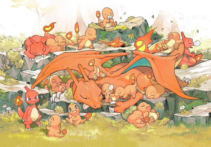 3: 6+others charizard charmander charmeleon claws colored_skin ditto evolutionary_line flame-tipped_tail flower grass highres horns moss multiple_others newo_(shinra-p) nose_bubble orange_skin pokemon pokemon_(creature) red_skin rock tongue tongue_out transformed_ditto wings