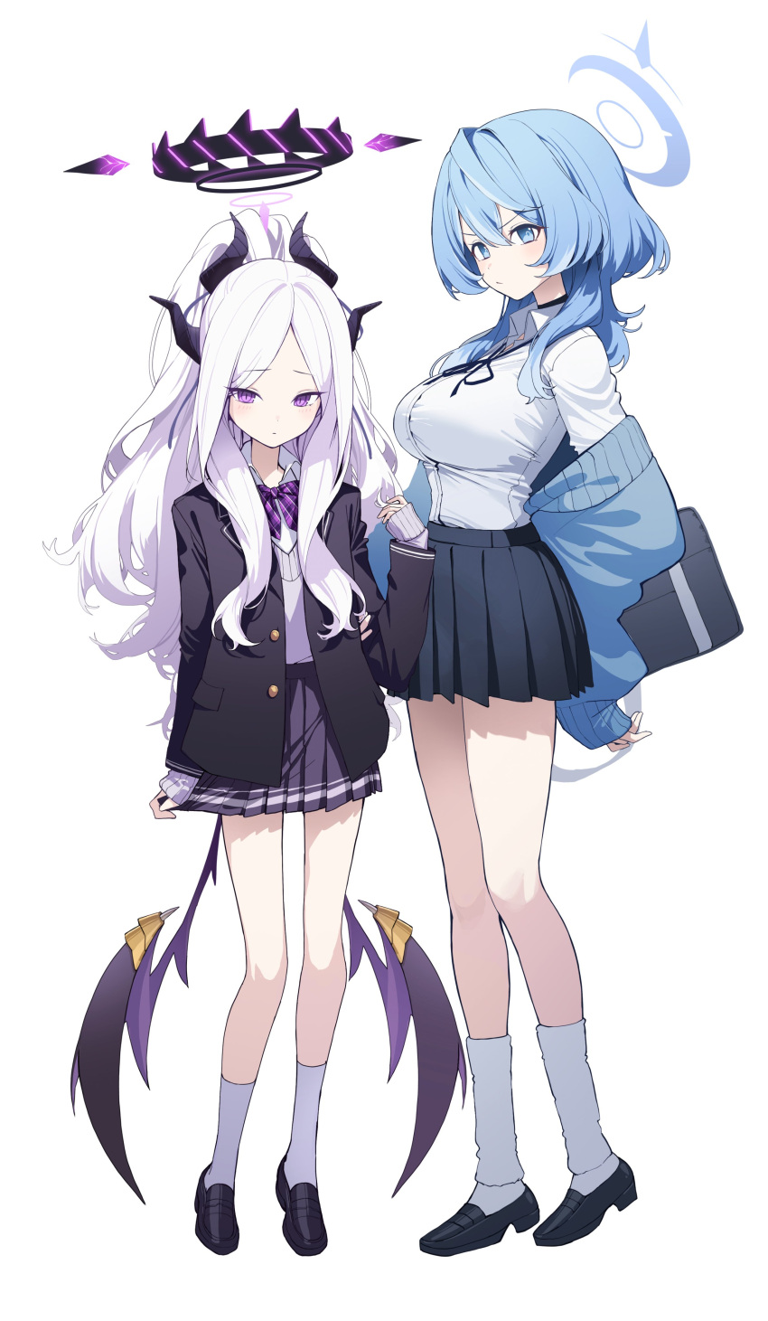 2girls absurdres ako_(blue_archive) alternate_costume bag black_choker black_footwear black_skirt blazer blue_archive blue_eyes blue_hair bow bowtie choker closed_mouth clothes_pull coat collared_shirt commentary_request demon_girl demon_horns demon_tail demon_wings forehead full_body grey_sweater hair_between_eyes hairband half_updo halo height_difference highres hina_(blue_archive) horns jacket kneehighs long_hair long_sleeves looking_at_viewer multiple_girls parted_bangs pleated_skirt pro-p purple_bow purple_bowtie school_bag school_uniform shirt shoes short_hair sidelocks simple_background skirt skirt_pull socks standing sweater tail thigh-highs violet_eyes wavy_hair white_hair white_shirt white_socks wings