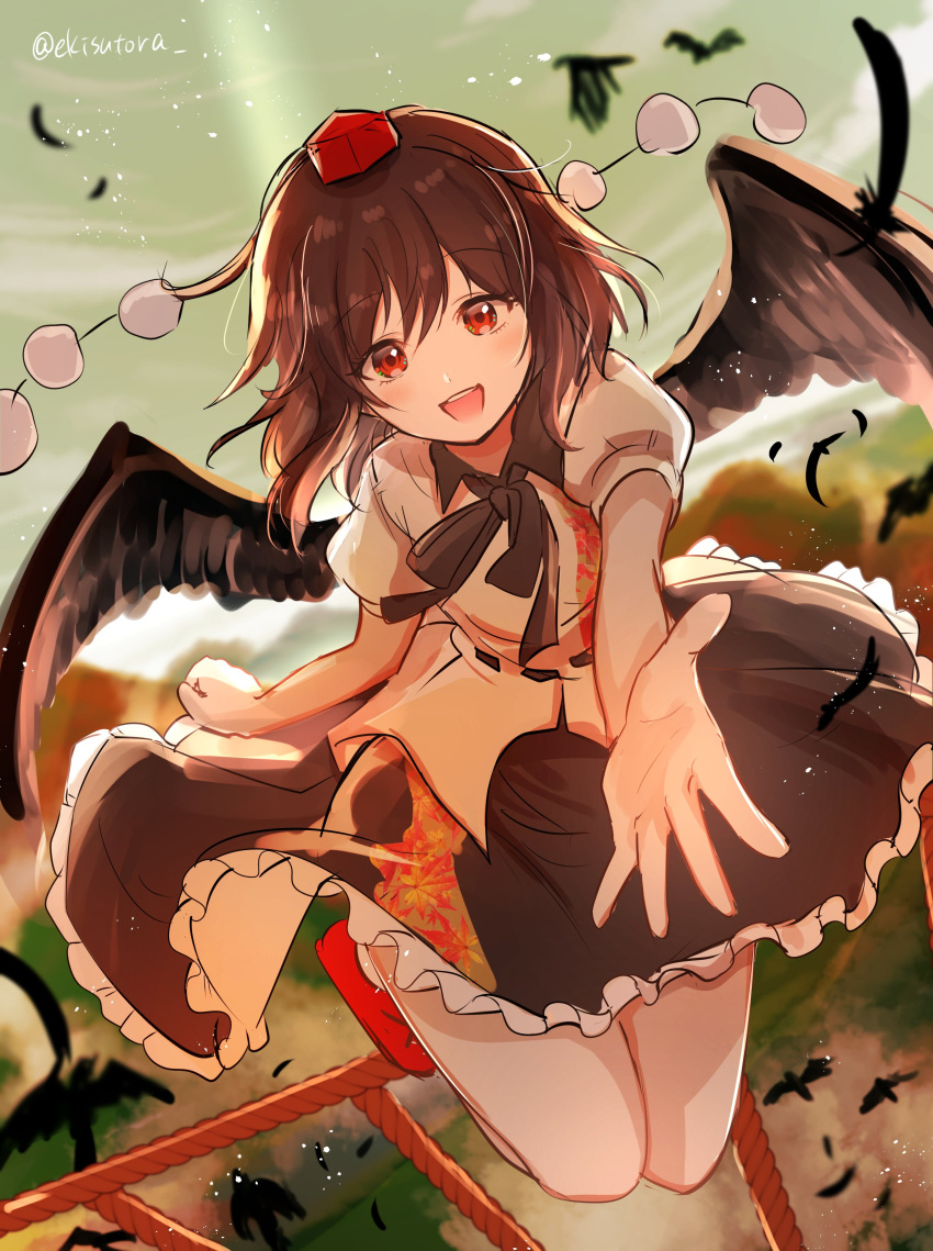 1girl :d absurdres bird bird_wings black_feathers black_hair black_ribbon black_skirt black_wings breasts commentary_request crow ekisutora falling_feathers feathered_wings feathers flying frilled_skirt frills full_body geta happy hat highres leaf_print looking_at_viewer neck_ribbon offering_hand one-hour_drawing_challenge open_mouth pom_pom_(clothes) puffy_short_sleeves puffy_sleeves red_footwear red_hat ribbon shameimaru_aya shirt short_sleeves skirt small_breasts smile solo tengu-geta tokin_hat touhou white_shirt wings