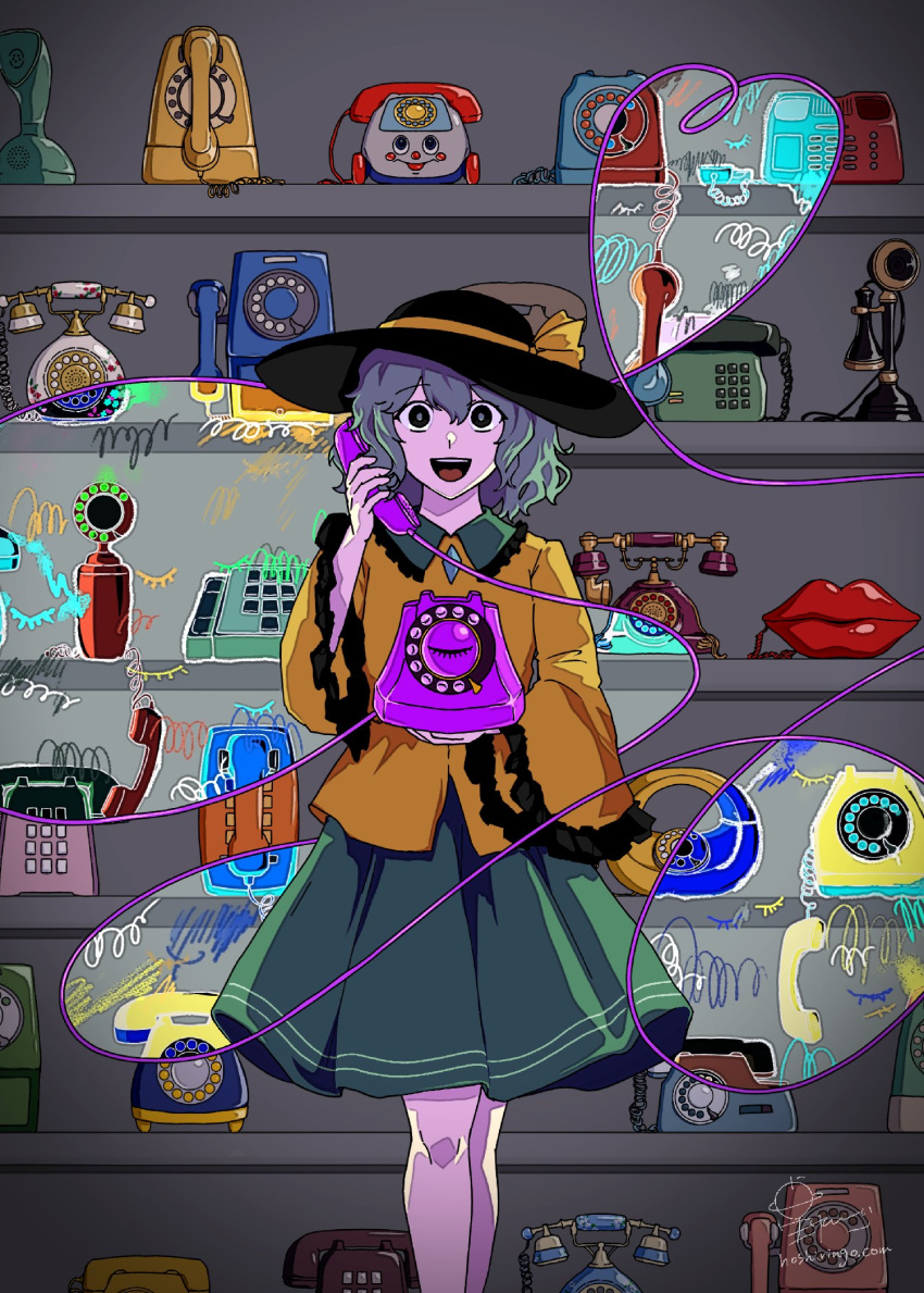 1girl :d black_hat buttons commentary_request corded_phone diamond_button empty_eyes frilled_shirt_collar frills green_eyes green_hair green_skirt hat hat_ribbon highres holding holding_phone hoshiringo0902 komeiji_koishi long_sleeves open_mouth phone ribbon shirt short_hair skirt smile solo sun_hat too_many touhou upper_body wide_sleeves yellow_ribbon yellow_shirt