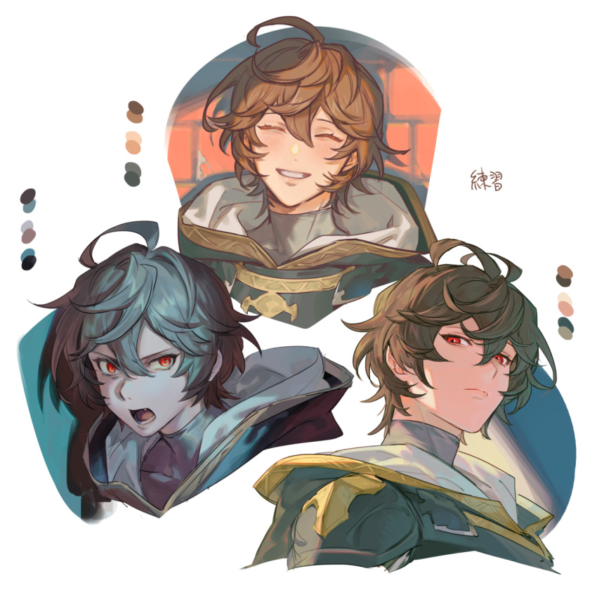 1boy ahoge angry blush brown_hair closed_eyes color_guide commentary_request expressions facing_viewer from_below granblue_fantasy hair_between_eyes highres hood hood_down light_frown lighting_practice looking_at_viewer looking_to_the_side male_focus messy_hair multiple_views sandalphon_(granblue_fantasy) short_hair smile solo_focus tki turtleneck