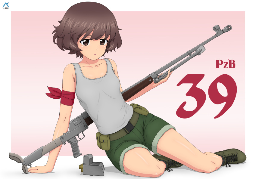 1girl absurdres acrux akiyama_yukari anti-materiel_rifle arm_ribbon artist_logo boots brown_eyes brown_hair combat_boots commentary cutoffs dated english_commentary girls_und_panzer green_footwear green_shorts grey_tank_top gun highres holding holding_gun holding_weapon leaning_to_the_side light_frown looking_at_viewer magazine_(weapon) messy_hair open_mouth panzerbuchse_39 pouch ribbon rifle short_hair shorts sitting sniper_rifle solo tank_top weapon weapon_behind_back