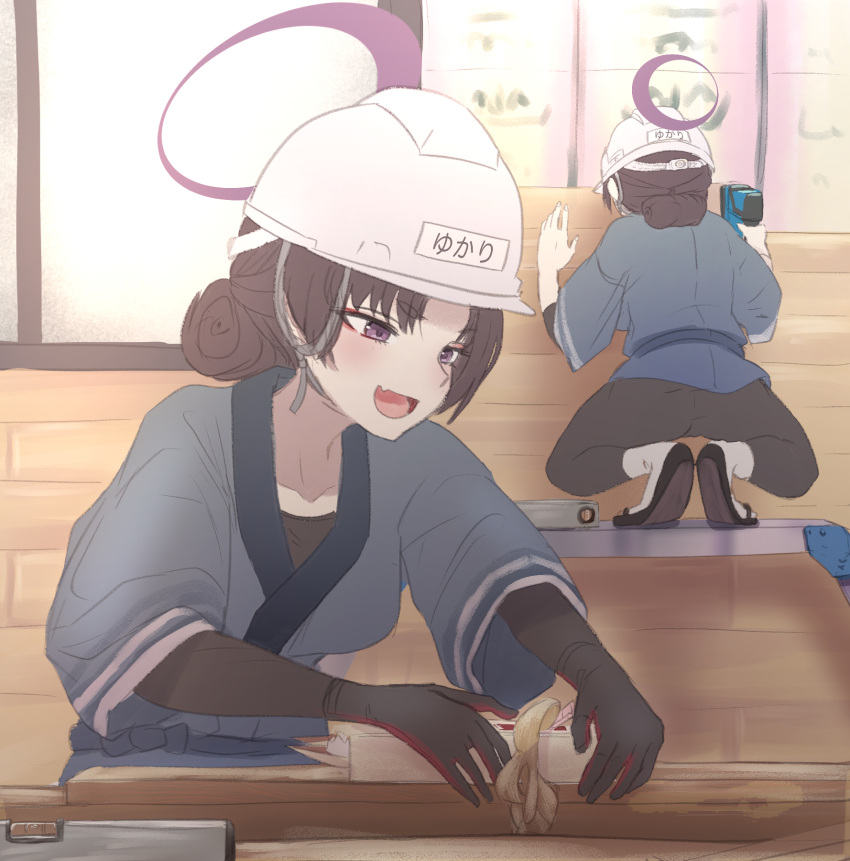 2girls :d ass black_gloves blue_archive collarbone construction fang gloves halo hard_hat helmet highres holding_tool japanese_clothes kanna_(blue_archive) multiple_girls name_tag objectification plank power_tool purple_halo shitsugaikotsu skin_fang smile squatting violet_eyes wood_carving_tool yukari_(blue_archive)