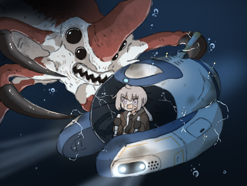 1girl ahoge air_bubble black_gloves black_necktie brown_jacket bubble commentary_request crack cracked_glass crying crying_with_eyes_open electricity extra_eyes girls_frontline gloves grey_hair headlights jacket long_hair long_sleeves m200_(girls'_frontline) necktie open_mouth peril piloting ponytail reaper_leviathan sea_monster seamoth_(subnautica) sharp_teeth shirt short_hair solo submarine subnautica supaccha tears teeth underwater violet_eyes watercraft wavy_eyes wavy_mouth white_shirt