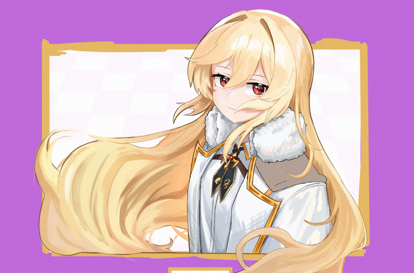 1girl blonde_hair coat expressionless floating_hair fur-trimmed_coat fur_trim girls_frontline highres long_hair looking_at_viewer nagant_revolver_(girls'_frontline) red_eyes shenqi_xiaohuang simple_background solo upper_body white_coat