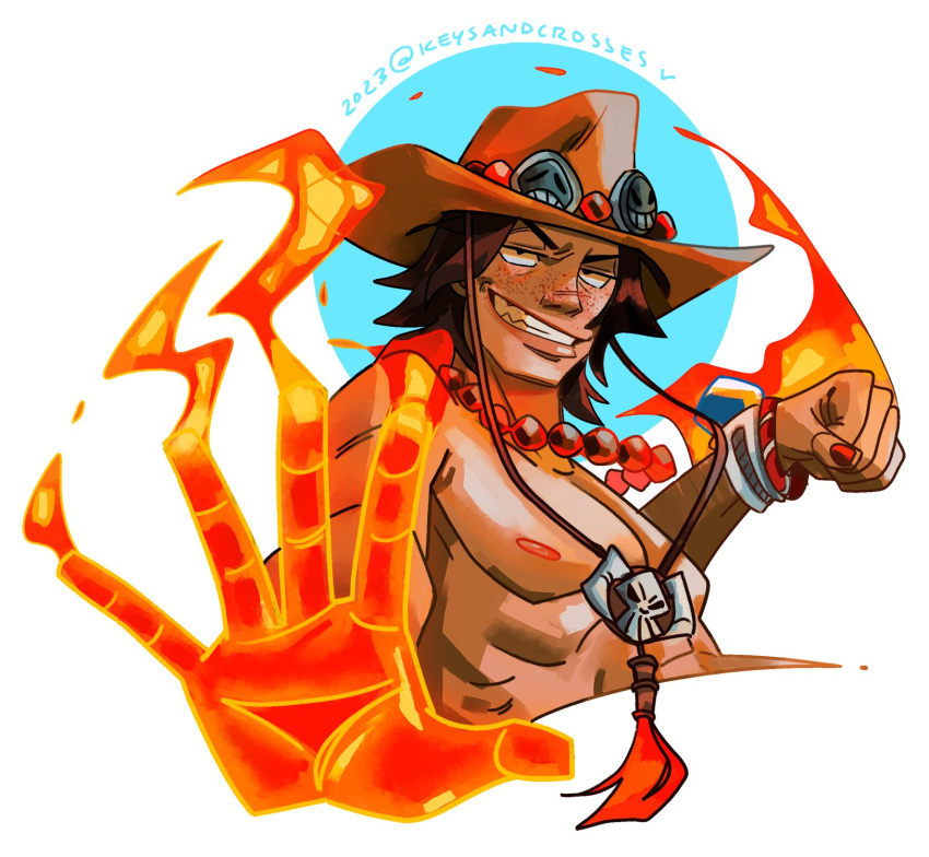 1boy 2023 black_hair bracelet circle clenched_hand english_commentary fire freckles grin hat highres jewelry keysandcrosses log_pose looking_ahead male_focus necklace one_piece orange_hat pearl_necklace portgas_d._ace short_hair smile solo topless_male twitter_username