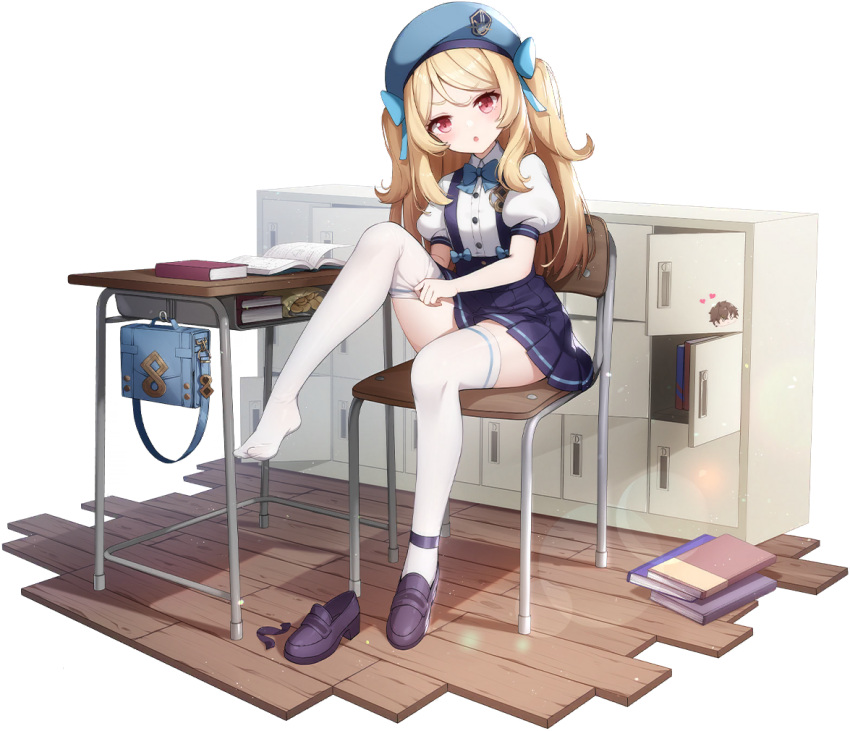 1girl bag beret blonde_hair blue_bow blue_skirt blush book book_stack bow bowtie brown_footwear chips_(food) desk eversoul food full_body game_cg hair_between_eyes hair_bow hat juliet_sleeves locker long_sleeves looking_at_viewer manon_(eversoul) medium_hair non-web_source official_alternate_costume official_alternate_hairstyle official_art open_book parted_lips petite potato_chips puffy_sleeves putting_on_legwear red_eyes school_desk school_uniform shirt shoes short_sleeves single_shoe sitting skirt solo tachi-e thigh-highs transparent_background twintails white_shirt white_thighhighs wing_collar