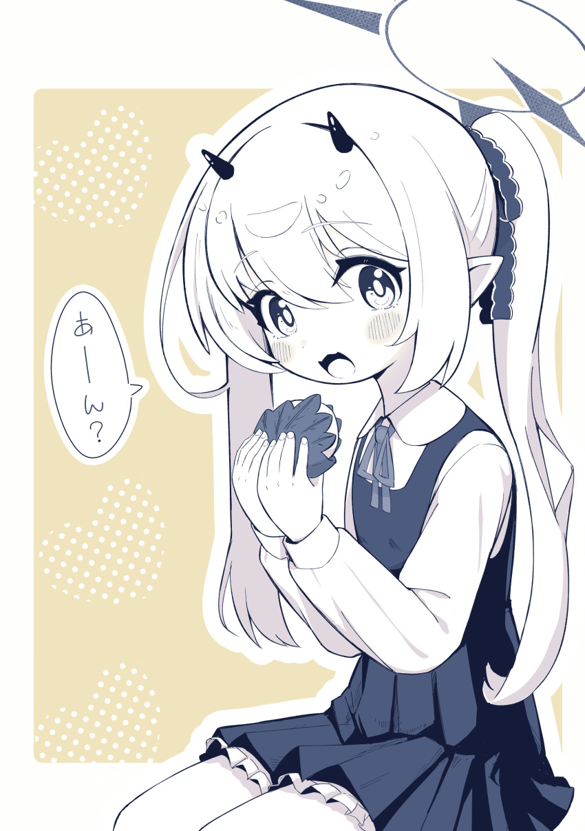 1girl absurdres blue_archive blush collared_shirt demon_horns dress food halo highres holding holding_food horns ibuki_(blue_archive) long_hair long_sleeves looking_at_viewer makolas97 monochrome open_mouth pinafore_dress pointy_ears shirt side_ponytail sleeveless sleeveless_dress solo speech_bubble