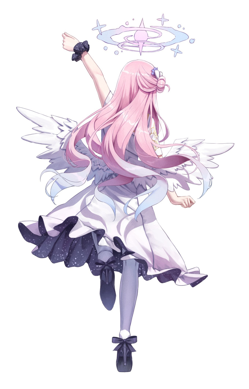 1girl arm_up black_footwear black_scrunchie blue_archive bow capelet clenched_hands commentary_request dress feathered_wings footwear_bow frilled_dress frills full_body hair_bun hair_ornament halo highres low_wings mika_(blue_archive) pink_hair pink_halo scrunchie simple_background single_hair_bun solo standing standing_on_one_leg superpig thigh-highs white_background white_capelet white_dress white_thighhighs white_wings wings wrist_scrunchie
