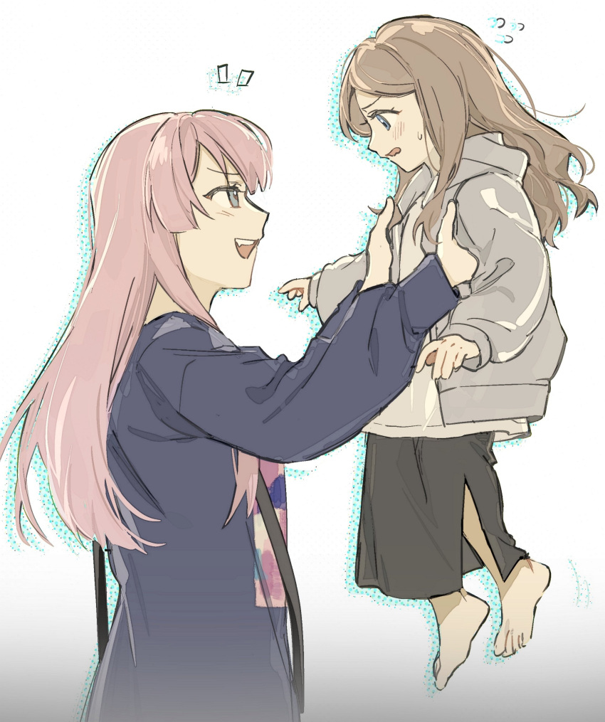 2girls absurdres aged_down artist_request bang_dream! bang_dream!_it's_mygo!!!!! black_skirt blue_eyes blue_sweater blush brown_hair chihaya_anon commission drop_shadow fang grey_eyes grey_jacket highres jacket lifting_person long_hair long_sleeves looking_at_another multiple_girls nagasaki_soyo open_clothes open_jacket open_mouth pink_hair second-party_source shirt sidelocks skirt sweatdrop sweater teeth upper_teeth_only wavy_mouth white_background white_shirt