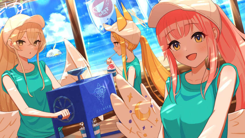 3girls :d :o angel_wings animal_ears baseball_cap beach blonde_hair blue_archive blue_shirt breasts commentary crescent extra_ears food fox_ears fox_girl halo hat high_ponytail highres holding holding_food holding_ice_cream holding_utensil ice_cream ice_cream_cup long_hair looking_at_viewer low_wings mika_(blue_archive) multiple_girls nagisa_(blue_archive) ocean peroro_(blue_archive) pink_hair pink_halo seia_(blue_archive) shirt short_sleeves sidelocks smile symbol-only_commentary tea_party_(blue_archive) trinity_general_school_logo utensil_in_mouth white_hat white_wings wings yellow_eyes yellow_halo yotsuremi