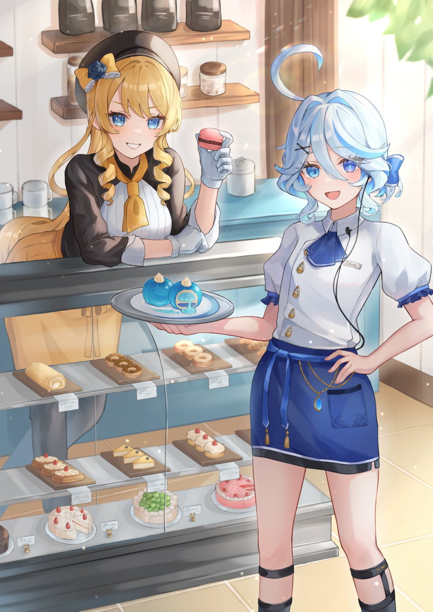 2girls ahoge alternate_costume black_hat black_pantyhose blonde_hair blue_eyes blue_hair blue_skirt bow cake drill_hair food furina_(genshin_impact) genshin_impact gloves hair_between_eyes hair_bow hand_on_own_hip highres holding holding_food holding_plate long_hair long_sleeves looking_at_viewer mismatched_pupils mokankan multiple_girls navia_(genshin_impact) open_mouth pantyhose plate shirt short_hair short_sleeves sidelocks skirt smile standing twin_drills white_gloves white_shirt yellow_bow yellow_skirt