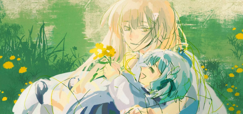 2girls aged_down bang_dream! bang_dream!_it's_mygo!!!!! black_ribbon blonde_hair blue_hair brown_eyes carrying carrying_person child closed_eyes commentary dandelion day flower grass hair_ribbon highres holding holding_flower kita_no_shinya long_hair looking_at_another multiple_girls outdoors parted_lips ribbon short_hair smile togawa_sakiko wakaba_mutsumi yellow_flower