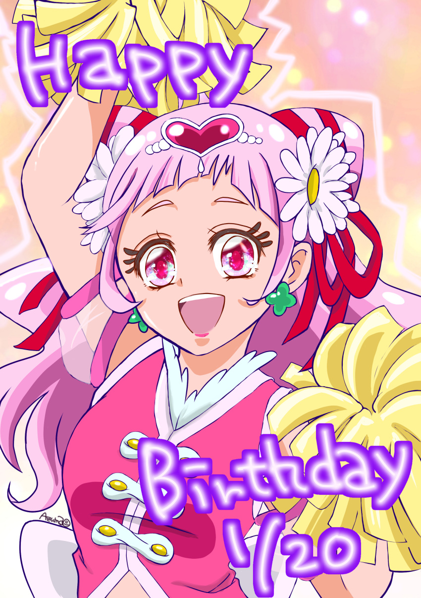 1girl :d absurdres arm_up azuma_(asura_888) back_bow bow cone_hair_bun crop_top cure_yell dated double_bun earrings flower hair_bow hair_bun hair_flower hair_ornament hair_ribbon happy_birthday heart heart_hair_ornament highres holding holding_pom_poms hugtto!_precure jewelry long_hair looking_at_viewer magical_girl multicolored_background nono_hana open_mouth pink_eyes pink_hair pink_shirt pom_pom_(cheerleading) precure puffy_sleeves red_bow red_ribbon ribbon see-through see-through_sleeves shirt sleeveless sleeveless_shirt smile solo sparkling_eyes thick_eyelashes upper_body white_bow