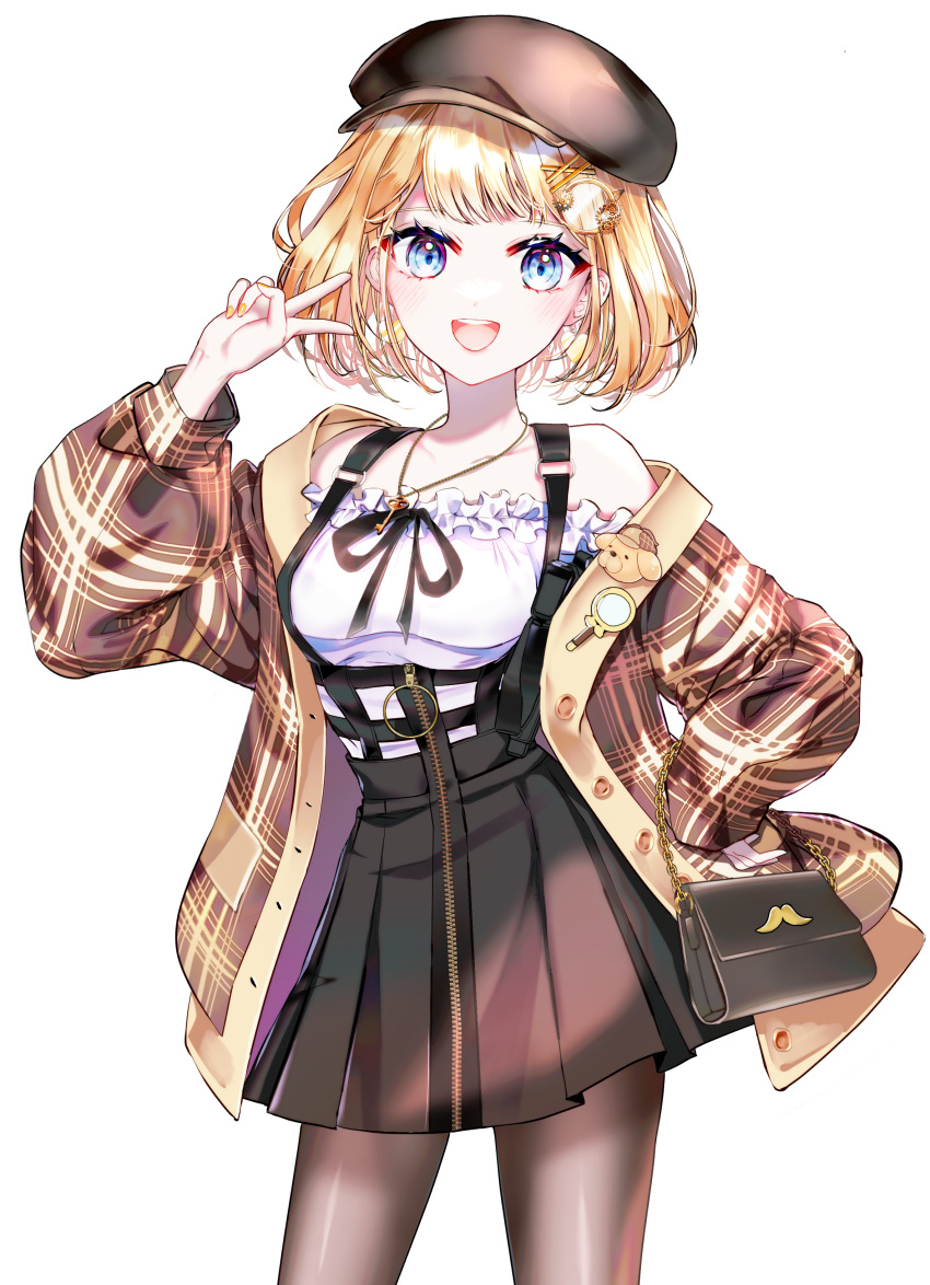 1girl :d absurdres bag bare_shoulders black_hat black_pantyhose black_skirt blonde_hair blue_eyes breasts brown_coat cabbie_hat coat commentary_request contrapposto frilled_shirt frills hair_ornament hand_on_own_hip handbag hat high-waist_skirt highres hololive hololive_english holster looking_at_viewer medium_breasts off-shoulder_shirt off_shoulder official_alternate_hairstyle open_mouth pantyhose plaid plaid_coat see-through see-through_legwear shirt short_hair shoulder_holster simple_background skirt smile solo sowon suspender_skirt suspenders transparent_background variant_set virtual_youtuber watson_amelia watson_amelia_(street_casual) white_shirt zipper_skirt