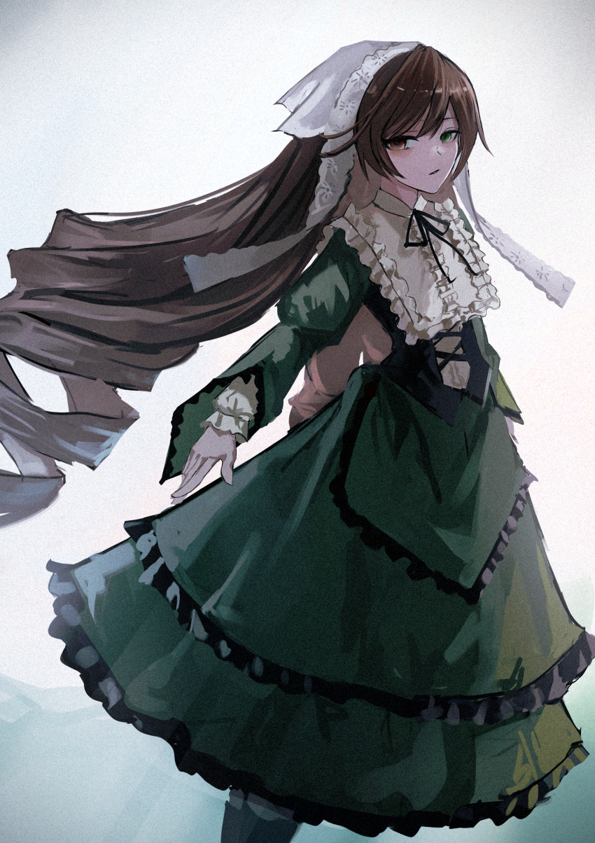 1girl absurdres black_corset black_ribbon brown_eyes brown_hair collared_dress commentary_request corset dress drill_hair expressionless feet_out_of_frame frilled_dress frilled_shirt_collar frills green_dress green_eyes head_scarf heterochromia highres lace lolita_fashion long_dress long_hair long_sleeves looking_at_viewer medium_bangs neck_ribbon open_mouth ribbon rozen_maiden sabire105 solo suiseiseki twin_drills very_long_hair