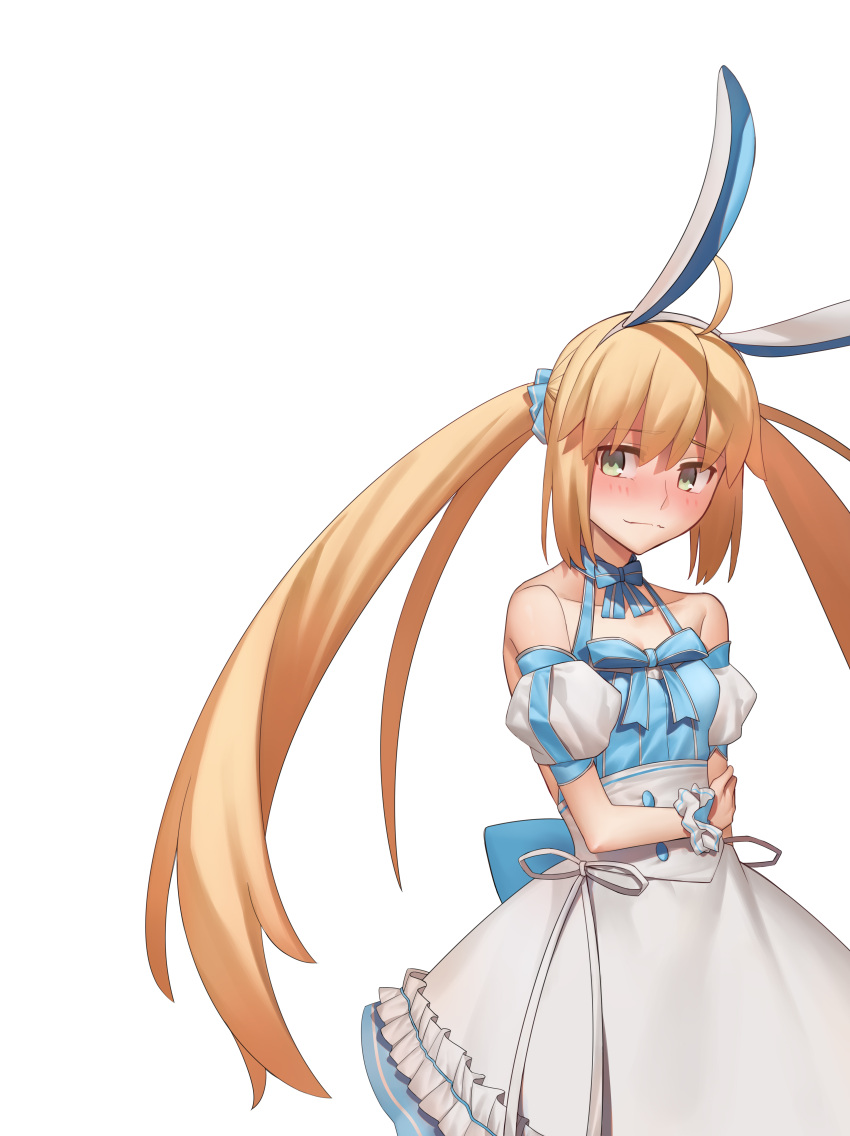 1girl absurdres ahoge animal_ear_hairband animal_ears argyle_clothes artoria_caster_(fate) artoria_caster_(swimsuit)_(fate) artoria_caster_(swimsuit)_(second_ascension)_(fate) artoria_pendragon_(fate) bare_shoulders blonde_hair blue_dress blush bow breasts dress dress_bow fake_animal_ears fate/grand_order fate_(series) green_eyes hairband highres long_hair looking_at_viewer puffy_short_sleeves puffy_sleeves rabbit_ears shiki_zzy short_sleeves simple_background smile solo striped_clothes striped_thighhighs thigh-highs twintails type-moon vertical-striped_clothes white_background