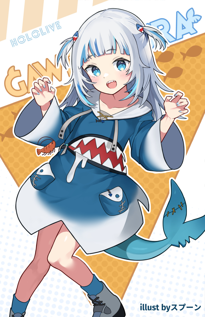 1girl artist_name blue_eyes blue_hair blue_hoodie blue_nails blue_socks blunt_bangs blush character_name choppy_bangs claw_pose commentary copyright_name english_commentary fins fish_tail gawr_gura gawr_gura_(1st_costume) gradient_sleeves grey_hair hair_ornament highres hololive hololive_english hood hood_down hoodie long_hair long_sleeves looking_at_viewer multicolored_hair nail_polish no_pants open_mouth shark_hair_ornament shark_tail sharp_teeth shoes sneakers socks solo spoon_kitty streaked_hair tail teeth two_side_up virtual_youtuber white_footwear wide_sleeves