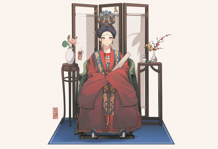 1girl absurdres anata_no_utahime_(lzr13708949567) black_hair blush book chair chinese_clothes chinese_text closed_mouth crown duijin_ruqun earrings facial_mark flower folding_screen forehead_mark full_body hair_ornament hand_fan hanfu highres holding jewelry long_sleeves looking_at_viewer original pink_flower simple_background sitting sleeves_past_wrists solo vase violet_eyes white_background wide_sleeves
