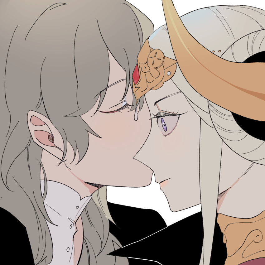 2girls b_(wldms6650) byleth_(female)_(fire_emblem) byleth_(fire_emblem) closed_eyes closed_mouth commentary edelgard_von_hresvelg english_commentary eye_contact fire_emblem fire_emblem:_three_houses grey_hair highres horns kiss kissing_cheek long_hair looking_at_another multiple_girls simple_background tiara upper_body violet_eyes white_background white_hair yuri