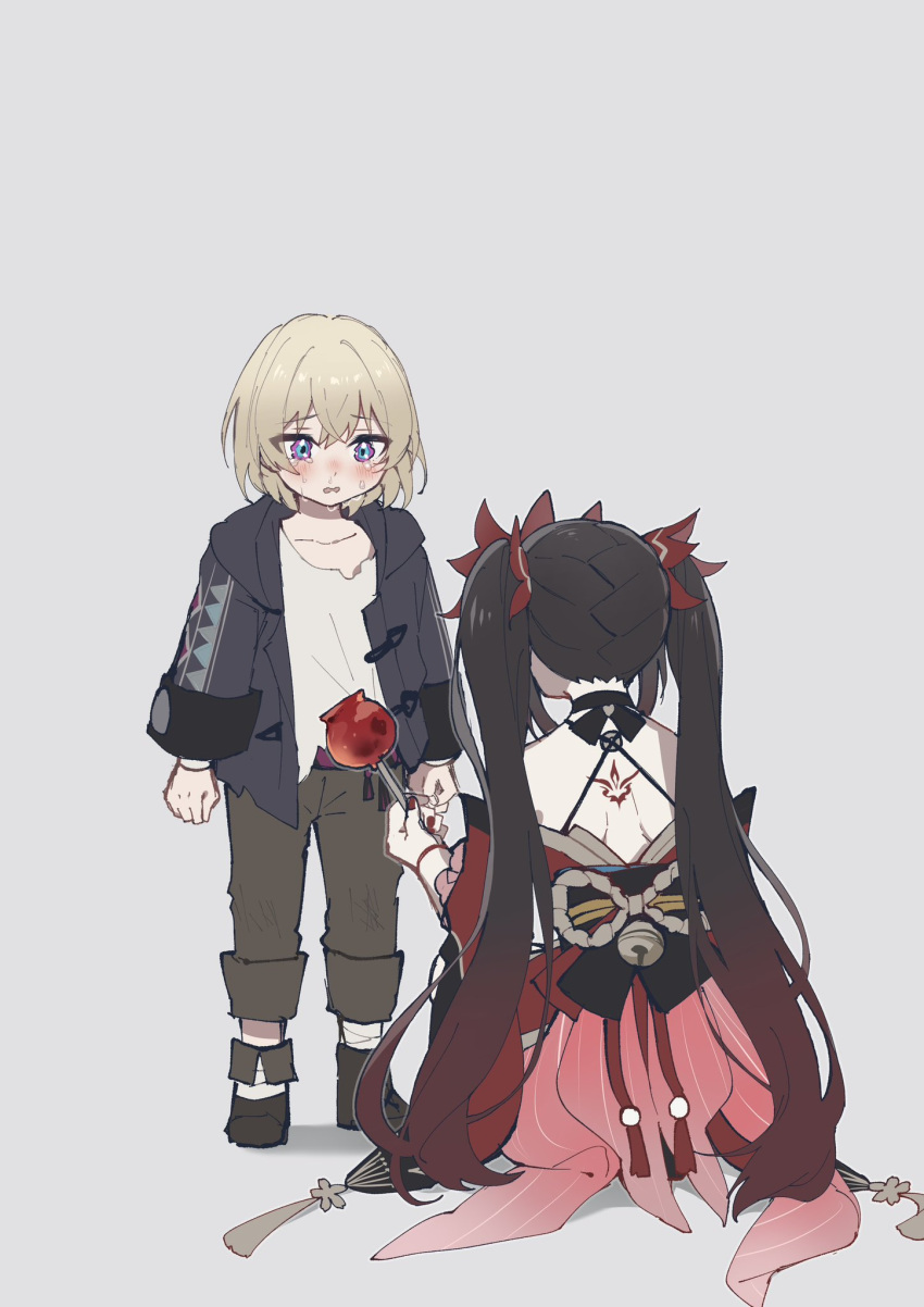 1boy 1girl aged_down arms_at_sides aventurine_(honkai:_star_rail) back_tattoo backless_kimono bell black_choker black_hair black_jacket black_sash blue_eyes blush brown_footwear brown_pants candy_apple child choker commentary_request criss-cross_back-straps crossed_bangs crying crying_with_eyes_open detached_sleeves food gradient_hair highres holding holding_food honkai:_star_rail honkai_(series) hoshiyui_tsukino jacket japanese_clothes kakavasha_(honkai:_star_rail) kimono long_hair long_sleeves looking_at_another multicolored_hair nose_blush o-ring obi pants red_kimono red_sleeves sash shirt short_hair short_sleeves sparkle_(honkai:_star_rail) squatting tattoo tears twintails two-tone_eyes violet_eyes white_shirt