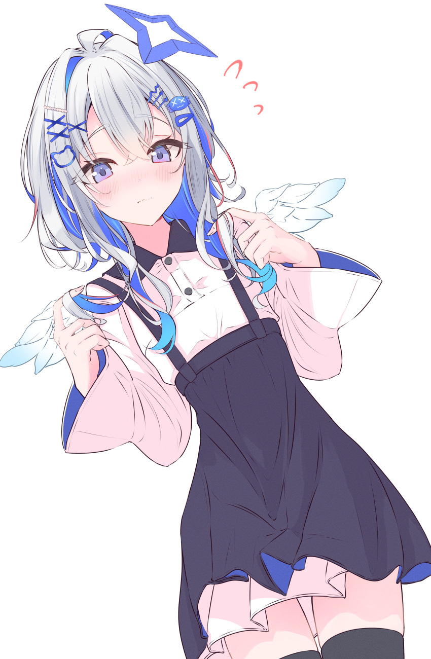 1girl absurdres amane_kanata black_dress black_thighhighs blue_eyes blue_hair blue_halo blush breasts casual closed_mouth collared_shirt commentary_request cowboy_shot dress dutch_angle feathered_wings flying_sweatdrops grey_hair hair_ornament hairclip halo hands_up highres hololive long_hair long_sleeves looking_at_viewer mini_wings multicolored_hair nishiki_yuno pink_shirt playing_with_own_hair shirt simple_background single_hair_intake small_breasts solo star_halo streaked_hair thigh-highs virtual_youtuber white_background wings x_hair_ornament